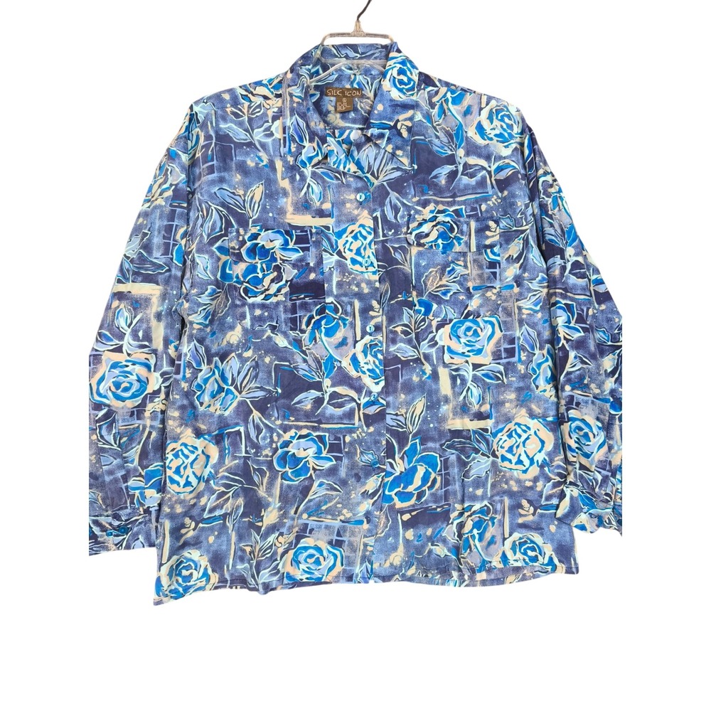 Silk Icon Blue Floral Silk Button Down Shirt Long Sleeve XL Abstract Print